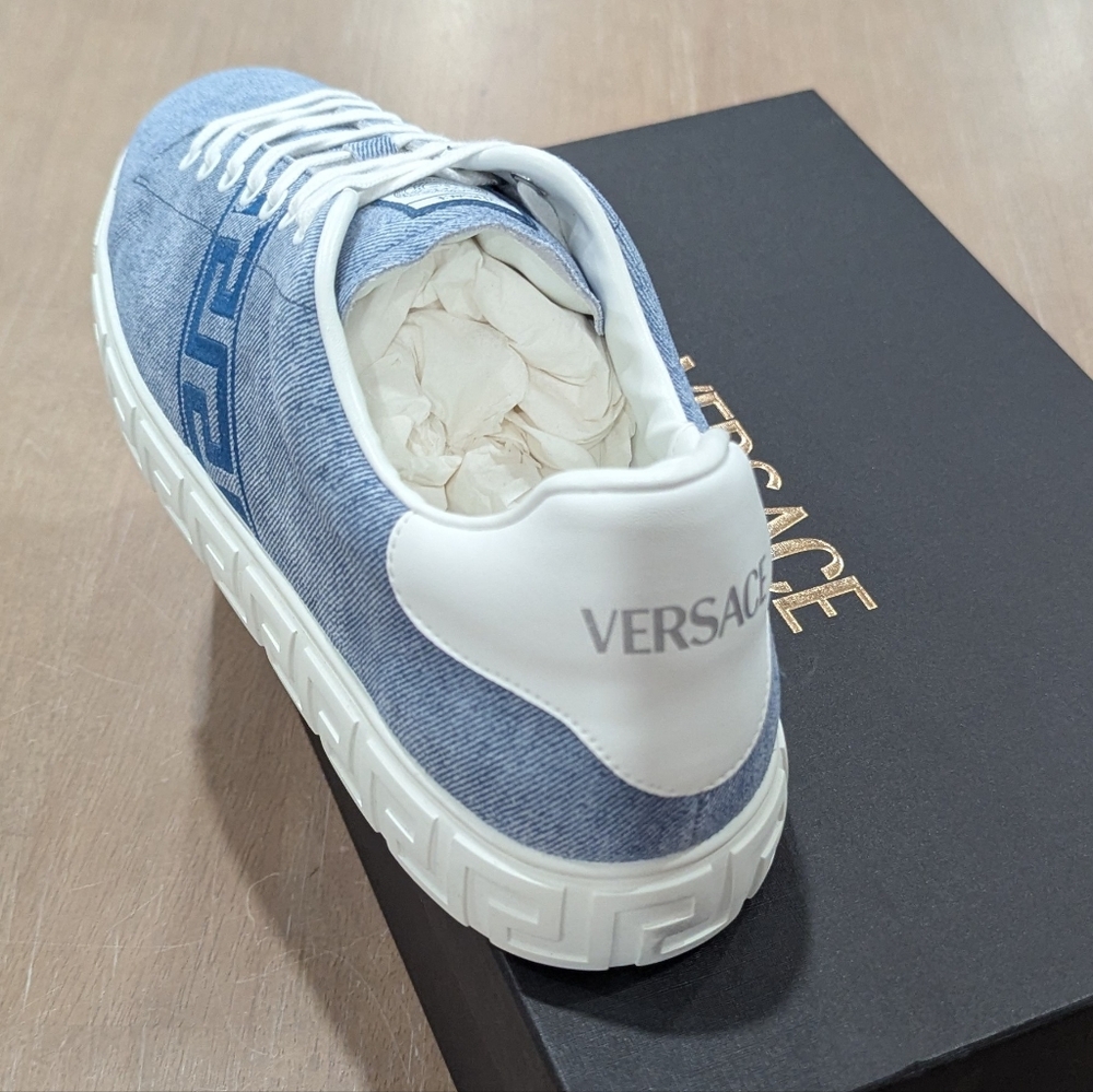 $925 VERSACE Odissea Greca Denim Look Suede Low-Top Sneakers Light Blue 45 US 12 - Picture 5 of 10